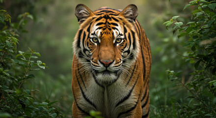 Tiger Face Frontal Jungle: Frontal portrait of a tiger looking directly at the camera in a jungle environment
