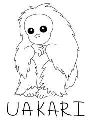 hairy bald sitting uakari with text below hand written