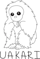 hairy bald sitting uakari with text below hand written