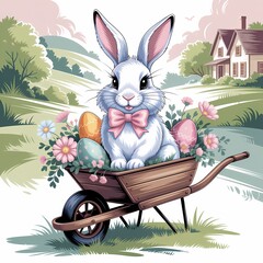  A bunny on top of a wooden cart with Easter eggs