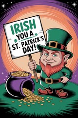 A leprechaun holding a wooden sign with a bucket of gold coins