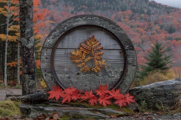 A rustic wooden barrel displays a leaf design, surrounded by vibrant red maple leaves against a backdrop of colorful autumn foliage.