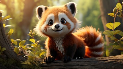 Cute Cartoon Red Panda in a Lush Forest, 3D Render Style