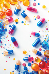 Vibrant vitamin capsules are arranged on a minimalistic white backdrop, featuring colorful gradients. This design promotes a professional and educational atmosphere, inspiring creativity
