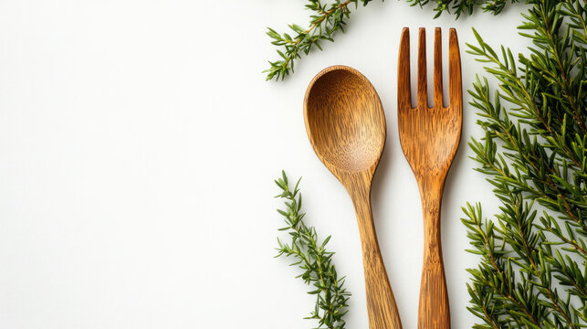 This image features wooden cutlery with green sprigs, perfect for food blogs, recipe sites, or articles on healthy eating, organic food, and sustainable living.


