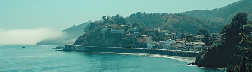 A serene coastal landscape featuring cliffs, a clear blue sea, and a peaceful town nestled along the shore, under a soft misty sky.