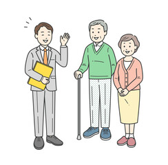 スーツ姿の男性から説明を受ける高齢者男女夫婦イラスト