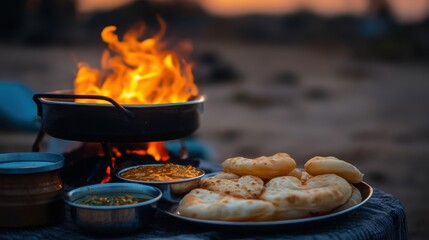Traditional Cooking with Fire and Indian Bread at Sunset Outdoors