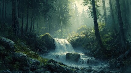 Tranquil Forest Waterfall with Sunlight Filtering Through Trees