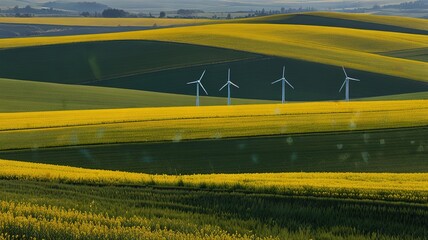 Series of wind turbines set against a clear blue sky.