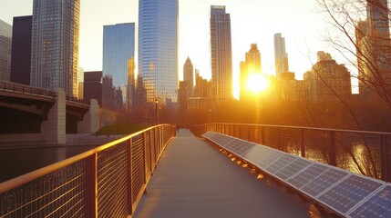 Fototapeta premium Urban sunrise view with solar panels along the pathway in cityscape