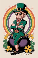  St. Patrick's Day illustration with a leprechaun sitting on a pot of gold