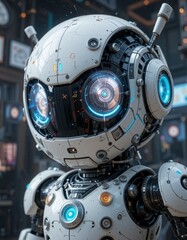 Fototapeta premium Cute Robot, AI, Futuristic Droid, 3D Render - Futuristic technology