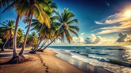 Black and White Palm Trees on a Sandy Beach - Serene Coastal Landscape with Minimalist Aesthetic and Copy Space for Text Overlay or Branding