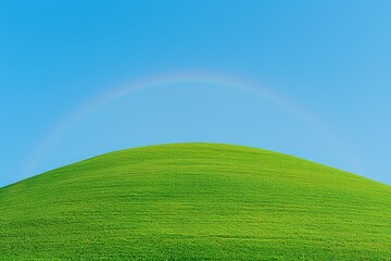 Fototapeta premium A vibrant green hill under a clear blue sky with a subtle rainbow arc, creating a serene and uplifting landscape.