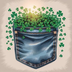  St. Patrick's Day illustration with a jeans pocket with several shamrocks