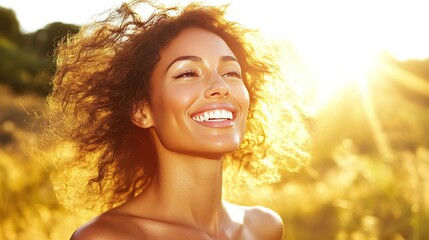 African American woman beams with joy, radiating warmth and confidence.