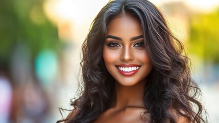 Fototapeta premium Smiling brunette with curly hair and red lips, radiating warmth and confidence.