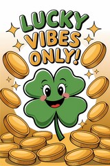 St. Patrick's Day illustration with a happy shamrock and gold coins