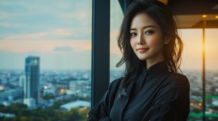 Fototapeta premium Confident Asian Businesswoman Modern Office City View Sunset