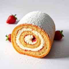 Fototapeta premium Delicate dessert roll with cream and fruit filling, dusted with powdered sugar and adorned with fresh fruit