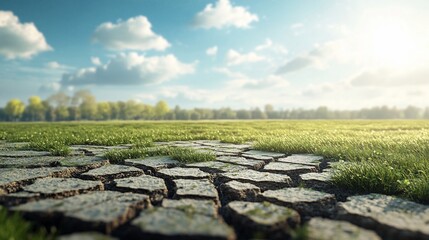 Cracked earth, grass, park, sunny sky, drought