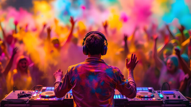 Holi Festival DJ Mixing Music for a Vibrant Crowd with Colorful Powder Explosion – Energetic Celebration of Music and Colors