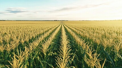 Golden Cornfield Rows at Sunset  Agriculture Landscape Photography