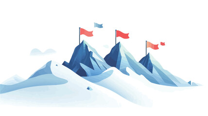 A stylized illustration depicting three snow-capped mountains with red and blue flags atop each peak.  The mountains are rendered in shades of blue and white, with a simplified, almost