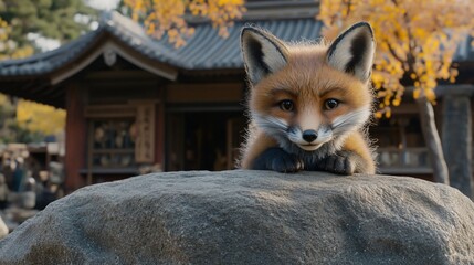Obraz premium Cute fox kit peeking temple autumn Japan postcard