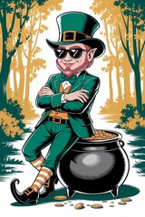 St. Patrick's Day illustration with a leprechaun sitting on a pot of gold in a forest