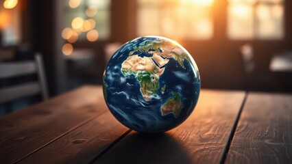a close up of a globe on a table with a window in the background