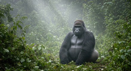 Gorilla Jungle Portrait Misty Woods: A gorilla seated in lush green vegetation and misty woods in a tranquil, serene portrait