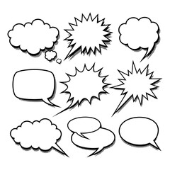 Set of speech bubble, text message box, comic frame, sticker, communication network, explosion bomb, splash and social media chat balloon silhouette in doodle cartoon style. Pop art