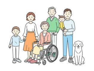 三世代の家族とペットが集合した全身イラスト
