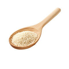 wooden spoon filled with white sesame on transparent background