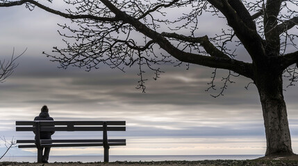Solitary person sitting on park bench with head bowed, surrounded by barren trees and overcast sky, symbolizing isolation and emotional struggle. Concept of loneliness and mental health.