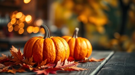Two pumpkins sit amidst autumn leaves on a rustic table, bokeh lights in the background. A cozy Halloween scene, perfect for festive designs.