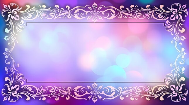 Ornate white border with swirling floral details on a blurred, colorful background. Elegant and whimsical, perfect for invitations.