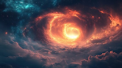 Fiery cosmic vortex above clouds, space background, fantasy art, game design
