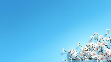 Easter eggs with striped patterns nestled among delicate blossoms on a bright blue background. Minimalist and modern design with ample copy space