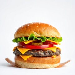 Delicious burger with fresh ingredients on a bright background showcasing tasty fast food creation.