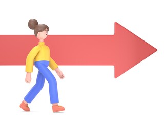 3D illustration of Asian woman Angela and red arrow. Business insurance.Mockup 3d character illustration.3D rendering on white background.