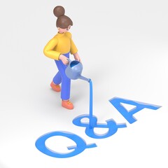3D illustration of Asian woman Angela with a bucket of paint. Q and A(Questions and Answers).Mockup 3d character illustration.3D rendering on white background.