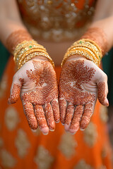 Intricate henna designs adorn the palms of a bride, showcased against a blurred backdrop of her vibrant orange attire and gold bangles.