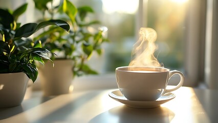 Fototapeta premium Morning Coffee: A steaming cup of coffee sits on a saucer near a sunny window, alongside potted plants, creating a serene scene that evokes a sense of warmth and comfort.
