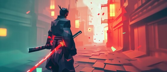 Futuristic samurai with energy katana in neon alley digital art urban environment unique perspective