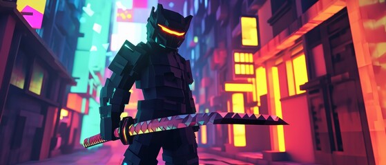 Naklejka premium Neon samurai dynamic action in a futuristic urban landscape with energy weapons