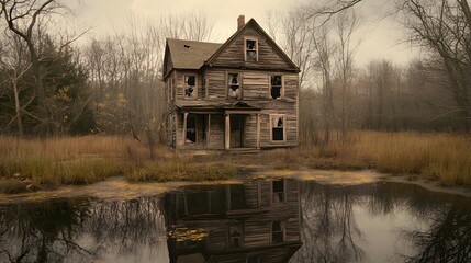 An abandoned house in a wild swamp, contrasting human history with untamed wilderness and timeless stillness.