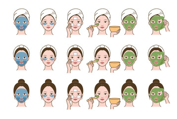 Cosmetic skin care routine_woman(girl) using face sheet mask, modeling pack